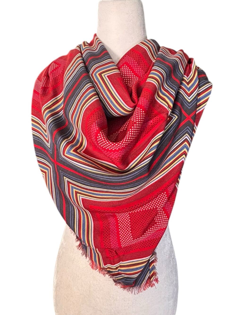 Geometric Stripe Square Scarf Shawl Wrap Red Blue Fringed Boho Artsy Layer